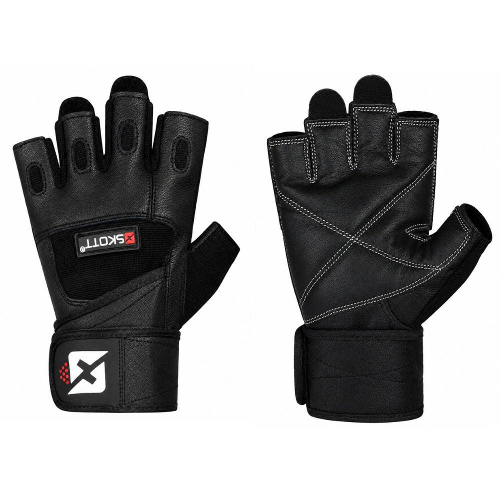 Skott Python Shadow Black Weight Lifting Gloves for Men and Women, Genuine Leather Workout Gloves with Padded Palm and Fingers, Wrist Wrap Support Fitness and Exercise Accessories (Unisex)