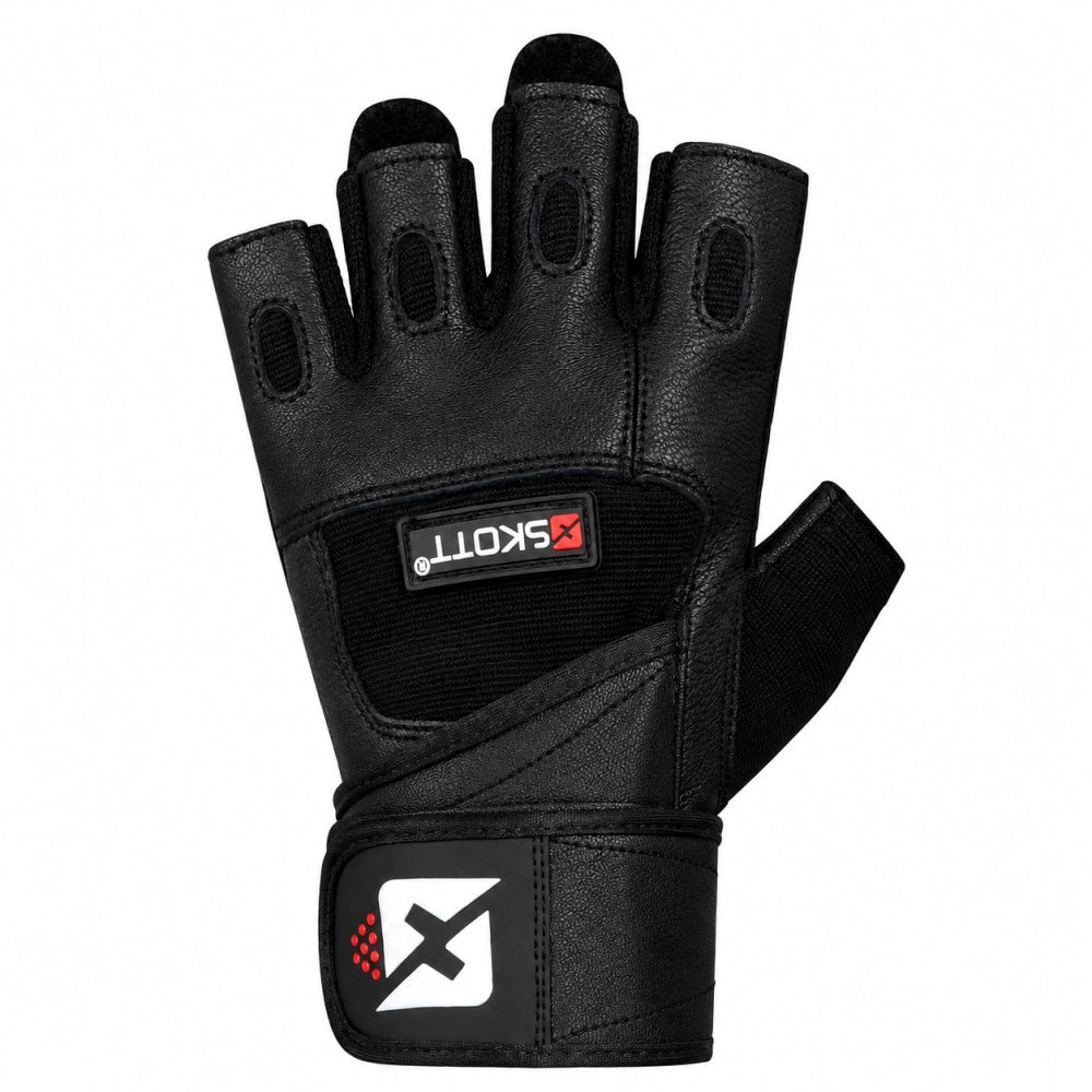 Skott Python Shadow Black Weight Lifting Gloves for Men and Women, Genuine Leather Workout Gloves with Padded Palm and Fingers, Wrist Wrap Support Fitness and Exercise Accessories (Unisex)