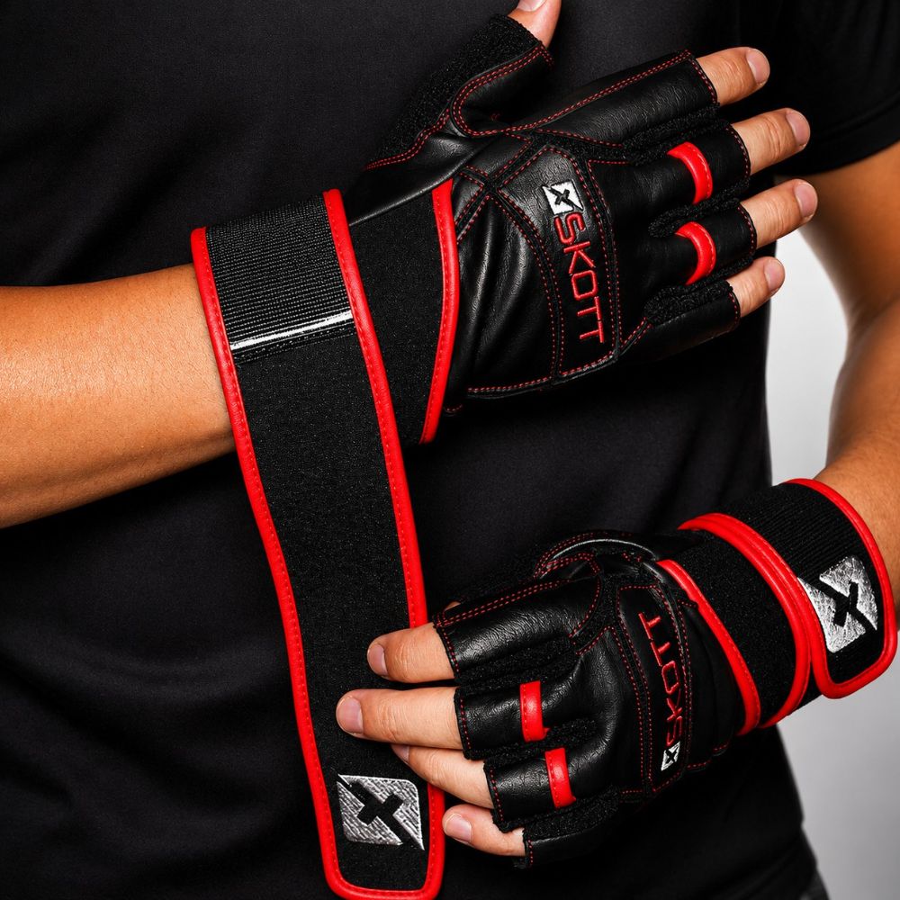 Skott Original Predator Gloves Genuine Leather Weightlifting with Double-Wrap Wrist Support, 3D Fit, Structural Palm and Finger Protection, Pull-Off System for Fitness and Exercise Unisex