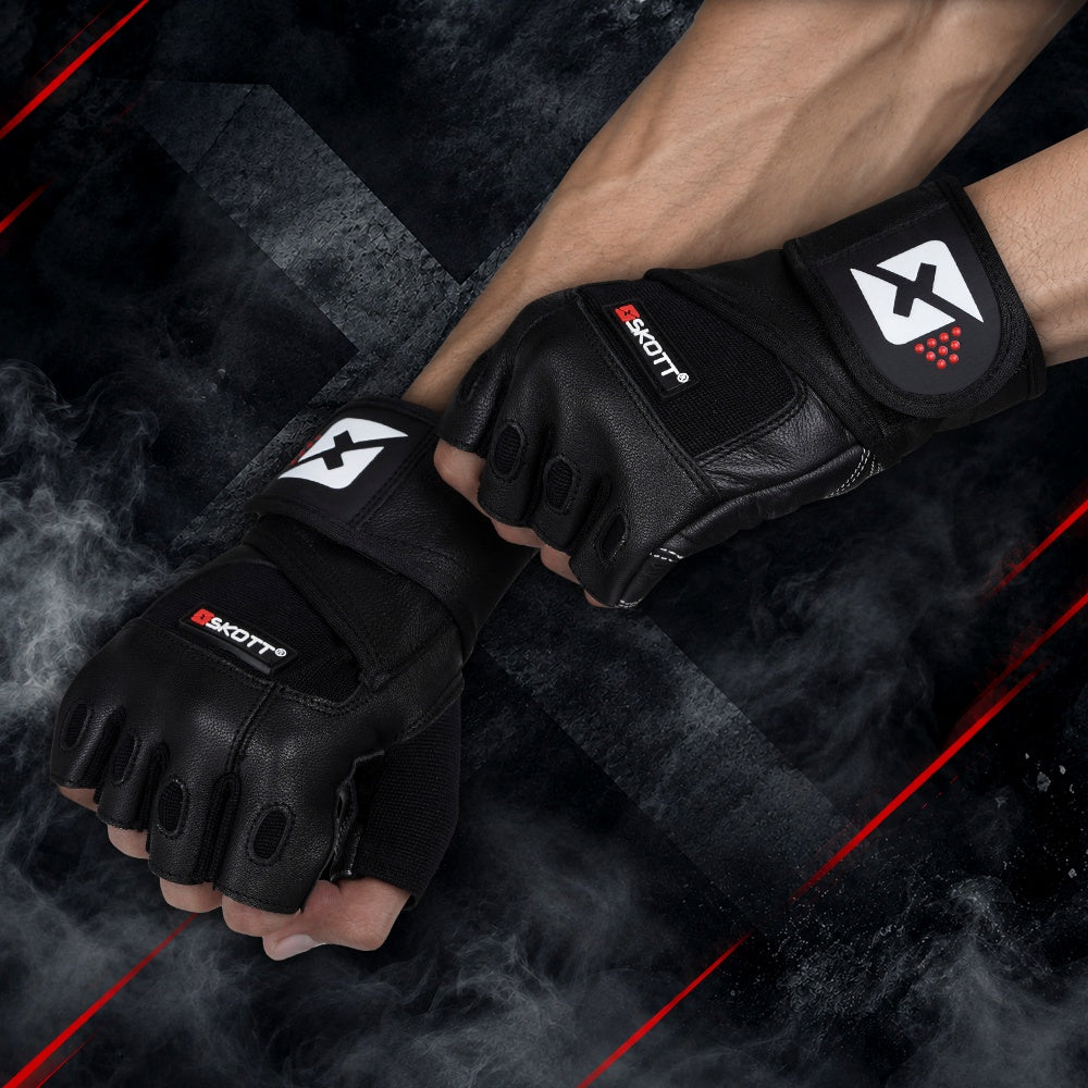 Skott Python Shadow Black Weight Lifting Gloves for Men and Women, Genuine Leather Workout Gloves with Padded Palm and Fingers, Wrist Wrap Support Fitness and Exercise Accessories (Unisex)