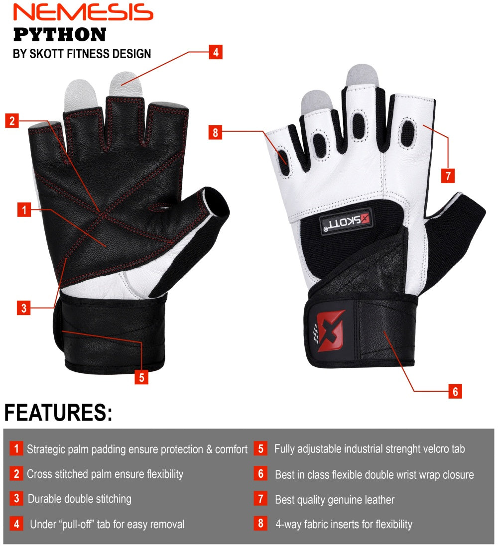 Skott Python Ice White Weight Lifting Gloves for Men and Women, Genuine Leather Workout Gloves with Padded Palm and Fingers, Wrist Wrap Support Fitness and Exercise Accessories (Unisex)