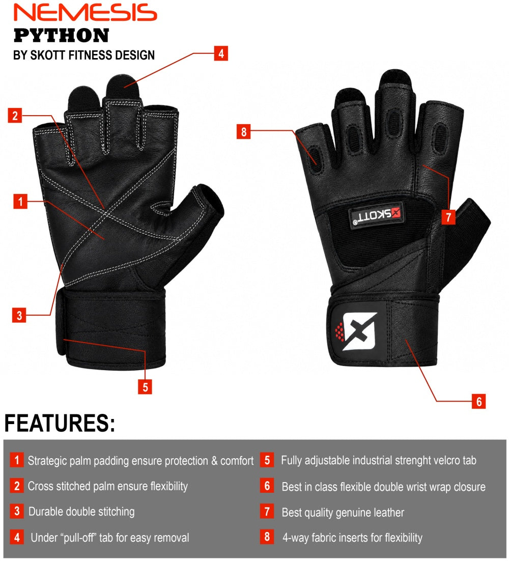 Skott Python Shadow Black Weight Lifting Gloves for Men and Women, Genuine Leather Workout Gloves with Padded Palm and Fingers, Wrist Wrap Support Fitness and Exercise Accessories (Unisex)